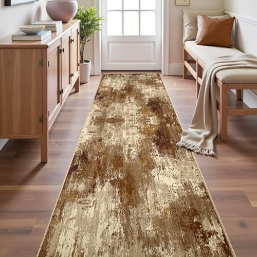 RELEANY Washable Runner 2'x10' Abstract Area Rug for Hallway Brown Tan by RELEANY