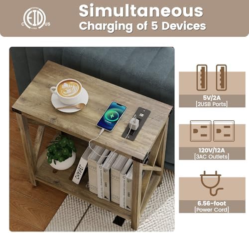 Hadulcet Farmhouse Side Table with Charging Station - Narrow Bedside Table for Small Space, Slim End Table, Rustic X-Design Nightstand for Living Room, Bedroom, Elegant Gray - Image 5