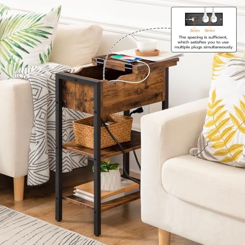 HOOBRO End Table with Charging Station, Narrow Side Table, Flip Top Nightstand with USB Ports and Outlets, Bedside Tables with Shelf for Small Spaces, Living Room, Rustic Brown BF341BZ01 - Image 4