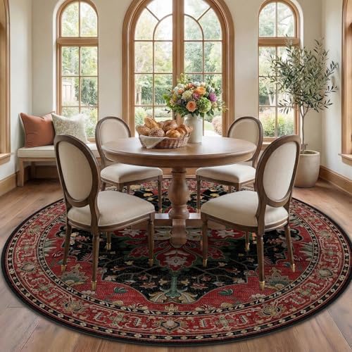 RELEANY Washable Area Rug, Round 7ft, Red/Black by RELEANY