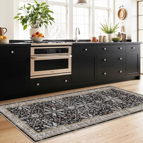 3x8 Hallway Runner Rug Washable Non-Slip – Boho Floral Soft Wide Carpet Runner for Kitchen Entryway Bathroom Bedroom – Low-Pile Thin Floor Mat with Rubber Backing (Black,3x8) - Image 4