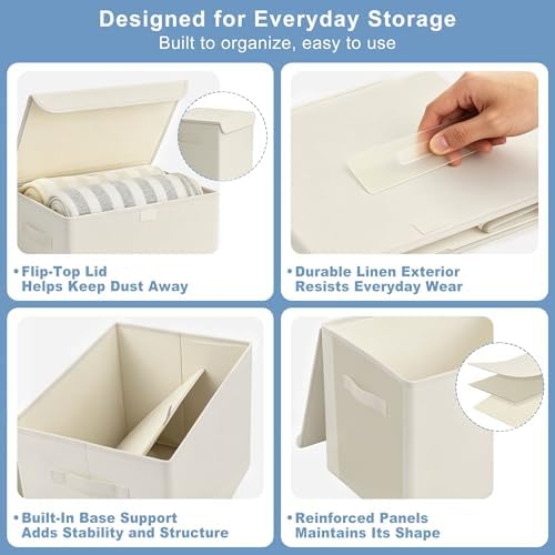 Bagnizer Large 22 Quart [4-Pack] Linen Fabric Foldable Storage Bin Cube Organizer Basket with Flip-Top Lid & Handles, Clothes Blanket Box for Home, Office, Closet (14.6 x 9.5 x 9.5, Beige) - Image 6