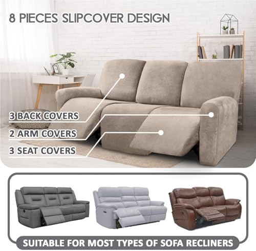 ULTICOR Velvet 8-Pieces Recliner Sofa Covers Stretch Reclining Couch Covers for 3 Cushion Reclining Sofa Slipcovers Furniture Covers Thick Soft Washable (3 Seater Recliner Cover, Taupe) - Image 2