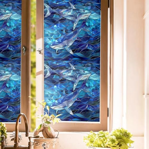 Under the Sea Shark Blue Sea Wave Geometric Stained Glass Window Films Decorative Double-Side Privacy Film Self-Adhesive Static Clings for Living Room Bathroom Glass Windows Decor by Unknown