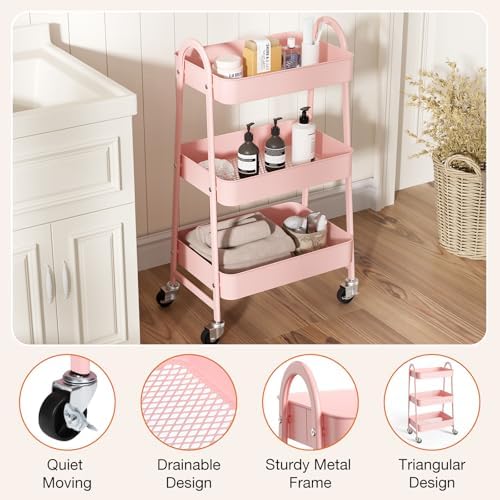 NEWBULIG 3-Tier Metal Rolling Cart with Lockable Wheels, Heavy Duty Mobile Utility Storage Shelf, Roller Book Snack Cart, Organization for Livingroom, Bathroom, Office, Pink - Image 2
