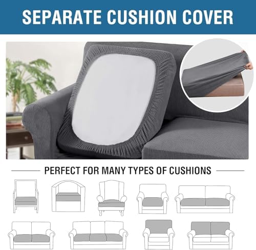 H.VERSAILTEX 4 Piece Stretch Sofa Covers for 3 Cushion Couch Covers for Living Room Furniture Slipcovers (Base Cover Plus 3 Seat Cushion Covers) Thicker Jacquard Fabric (Large Sofa, Grey) - Image 5