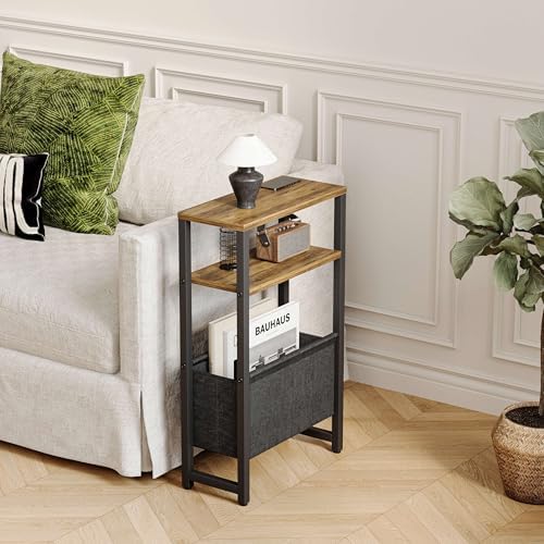 Narrow Side Table, Slim End Table with Magazine Rack, Skinny Bedside Table for Small Spaces, 3 Tier Sofa Couch Table Nightstand for Living Room, Bedroom, Walnut Brown LET503BR - Image 2