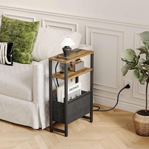 Narrow Side Table with Charging Station Slim End Table Sofa with Magazine Rack, Bedside Table for Small Spaces, 3 Tier Nightstand for Living Room Couch, Bedroom Walnut Brown LET503BRE - Image 2