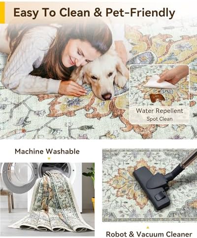 RELEANY Washable Area Rug, 5'x8', Beige/Carbon Grey/Orange - Image 3