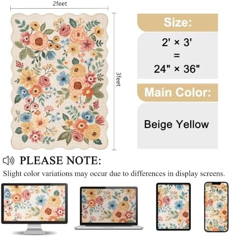 DUKINO 2x3 Rug for Entryway, Floral Door Mat Washable Rug, Beige Yellow - Image 2
