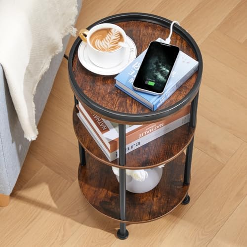 Small Round Side Table with Charging Station for Small Spaces, Rustic Brown - Image 6