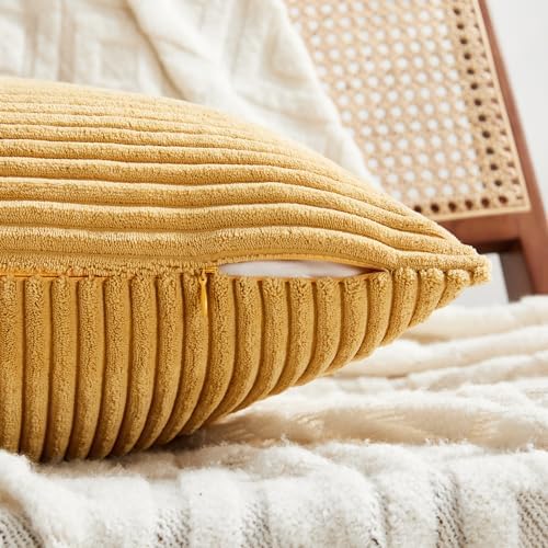 Fancy Homi 2 Packs Gold Yellow Lumbar Decorative Throw Pillow Covers 14x24 Inch for Couch Bed Sofa, Rustic Farmhouse Boho Spring Home Decor, Soft Striped Corduroy Rectangle Accent Cushion Case 35x60cm - Image 4
