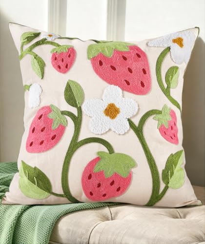 Embroidered Throw Pillow Cover 18x18 Inch, Branch Strawberry by Kokaaee