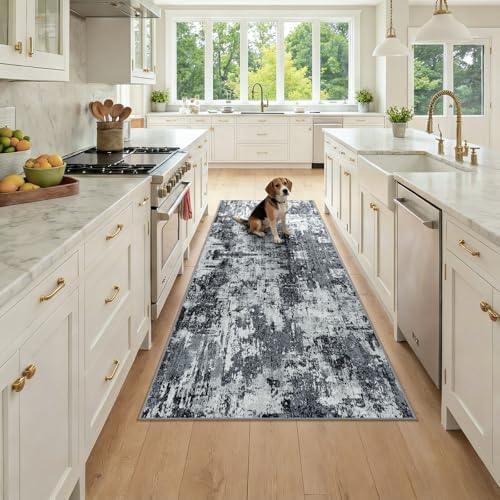 RELEANY Washable Runner 3'x7' Abstract Area Rug for Hallway Black White by RELEANY