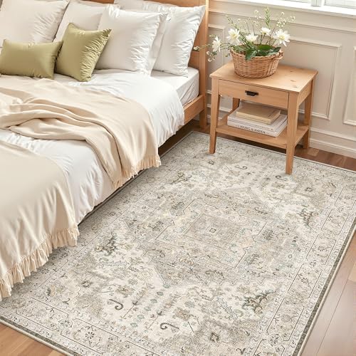 Madane Area Rug 4x6 Washable Rugs Vintage for Living Room, Ivory/Brown by Madane