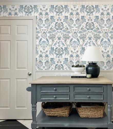 Vintage Peel and Stick Wallpaper, Light Blue Beige Traditional Damask Floral Removable Wallpaper for Bedroom Closet Accent Wall, Farmhouse Cottage Home Decor (Soft Blue, 17.3"x472.44") - Image 5