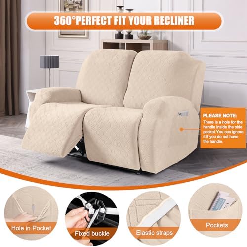 VANSOFY Recliner Cover, 2-Pieces Stretch Reclining Couch Cover with Pockets Loveseat Sofa Slipcovers Soft Washable Furniture Protector for Dogs Cats(Cream) - Image 5