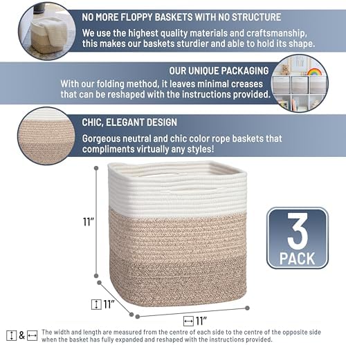 NaturalCozy Storage Cubes 11 Inch Cotton Rope Woven Baskets for Organizing, 3-Pack | Cube Storage Bin | Square Storage Baskets for Shelves Organizer, Classroom, Kids Toy Bins, Closet, Baby Nursery - Image 2