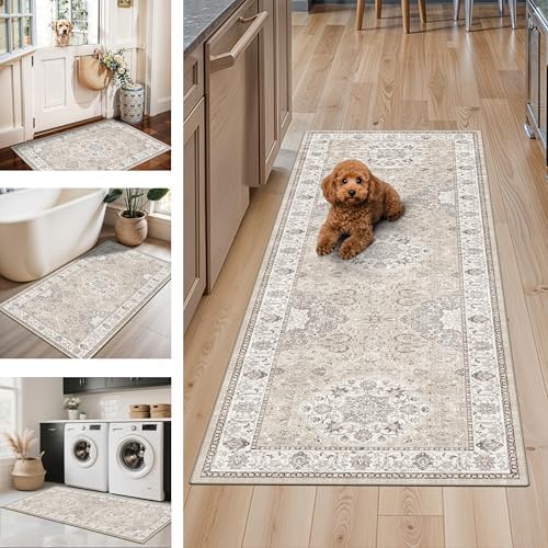 Washable Kitchen Rug Set of 3: Boho Non-slip Soft Stove Sink Mat Light Weight Stain Resistant Carpet for Dog Bowl Area Comfort Tile/Hardwood Floors Protection Mat for Entryway Foyer(2x3+2x4+2x5,Beige) - Image 6