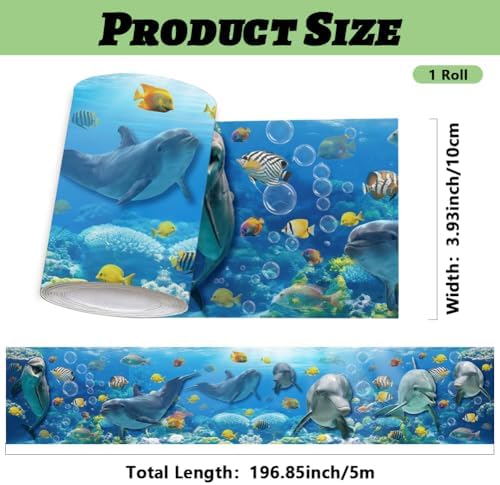 Ocean Wallpaper Border Wall Border Trim Peel and Stick 19.7 x 4 Inch Ocean Dolphin Fish Pattern PVC Decorative Molding Sticker for Bathroom Laundry Kitchen Backsplash Hotel Home Decoration - Image 2