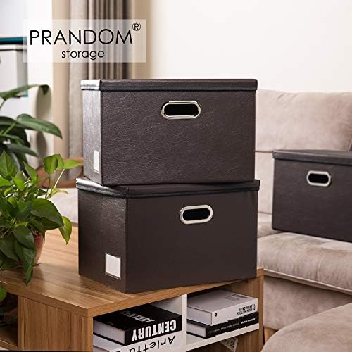 PRANDOM Large Stackable Storage Boxes with Lids [5-Pack] Leather Fabric Foldable Storage Bins Organizer Containers Baskets Cubes with Cover for Bedroom Closet Office Nursery Brown(17.7x11.8x11.8) - Image 2