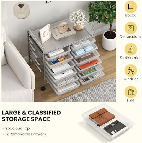 Giantex 12 Drawers Rolling Cart, Mobile Storage Drawer Cart, Classroom Organizer Cart for Office School Supplies Tools Scrapbook Paper Craft Small Printer, Utility Cart on Wheels, Clear - Image 7