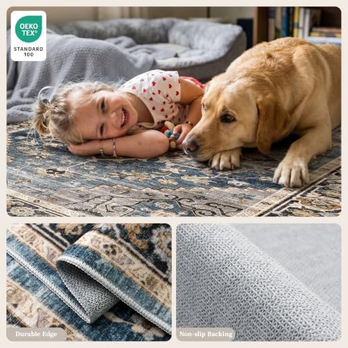 2x6 Washable Hallway Runner Rug - Non-Slip Backing Vintage Rugs Blue Gray - Image 4