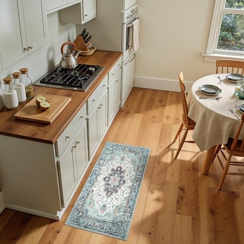 RELEANY Washable Area Rug, Small 2'x4', Teal Green/White/Navy - Image 2