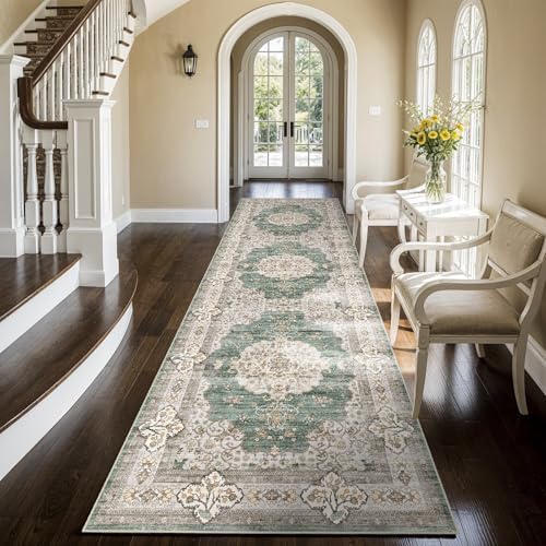 3x10 Runner Rug Washable Vintage: Non Slip Hallway Runners Green/Beige by Ksrau