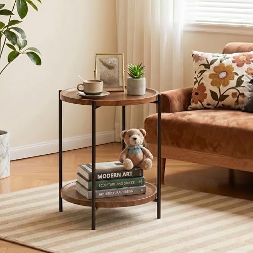 TeoKJ 2 Tier Small Side Table, Folding Round Metal End Table with Two Removable Wooden Tray, No Assembly Nightstand for Bedroom Living Room Bedside Round Bedside Table for Small Spaces, Walnut - Image 4