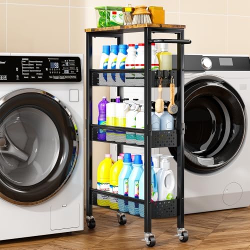 Slim Storage Cart with Wheels, 4 Tier Metal Rolling Organizer with Wood Top and Handle, Narrow Utility Shelf for Kitchen Bathroom Laundry Room, Black by Unknown