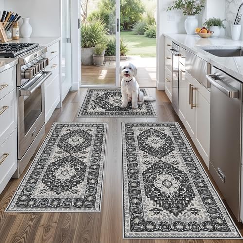 3-Piece Non-Slip Machine Washable Kitchen Rug Set with Runner – Soft Low Pile Thin Boho Kitchen Rugs for Hardwood Floor, Sink & Entryway, Pet-Friendly (Dark Grey, 2x3,2x4,2x5) by BYYVOORugsforYourHome