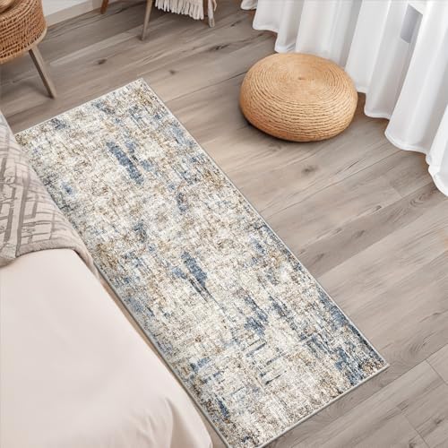 2x5 Non-Slip Washable Runner Rug – Modern Neutral Abstract Small Rug for Hallway, Kitchen, Bathroom, Bedroom, Entryway, Laundry Room – Thin Soft Low-Pile Rubber Backing（Blue Brown） - Image 4