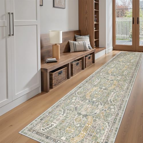 Madane Washable Runner Rugs 2x10 Long for Hallway Kitchen, Green/Gold - Image 2
