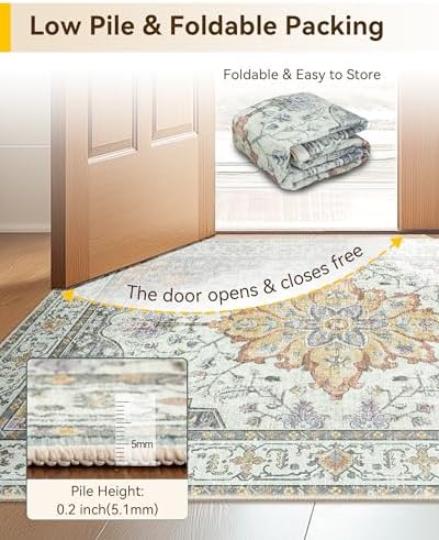 RELEANY Washable Area Rug, Square 7'x7', Beige/Carbon Grey/Orange - Image 4