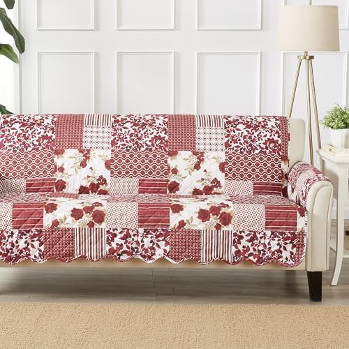 Great Bay Home Reversible Patchwork Sofa Cover - Washable Slipcover Furniture Protector with Elastic Straps - Perfect for Kids & Pets - Box-Stitched Detail (Burgundy) - Image 2
