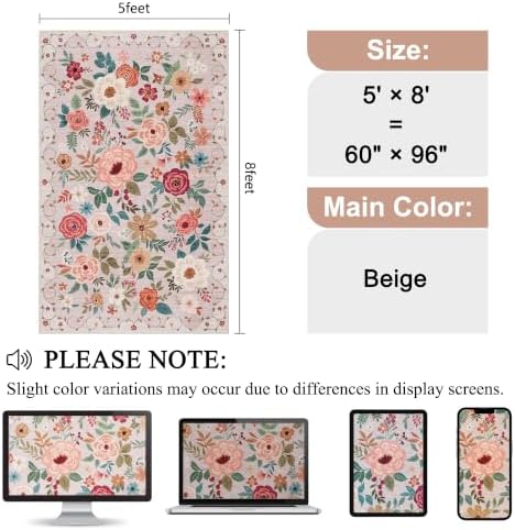 DUKINO 5x8 Area Rug for Bedroom, Soft Floral Washable Rug Non Slip, Beige - Image 2
