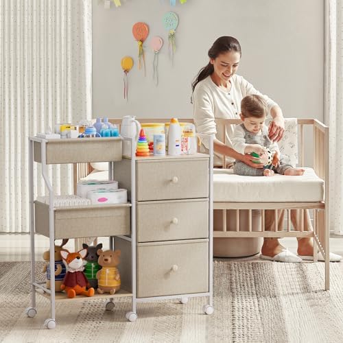 Modanais Baby Diaper Caddy Organizer Rolling Cart with Drawers, Off White - Image 3