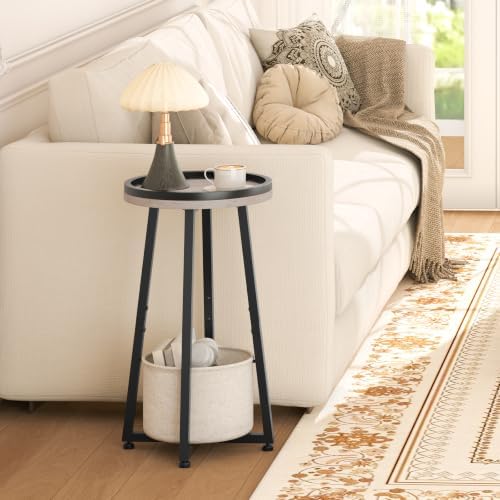 HOOBRO Small Round Side Table, 2-Tier Round Sofa End Table, Compact Nightstand with Cotton Linen Storage Basket, for Small Space, Living Room, Bedroom, Dorm, Greige BG183BZ01 - Image 2