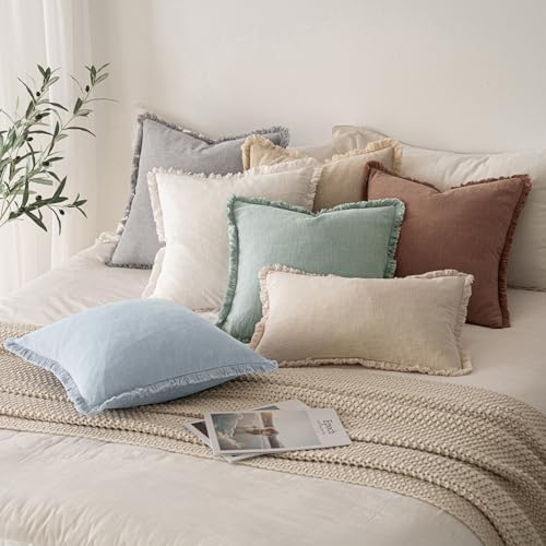 MIULEE Boho Linen Fringe Decorative Throw Pillow Covers Sky Blue 18x18 - Image 6