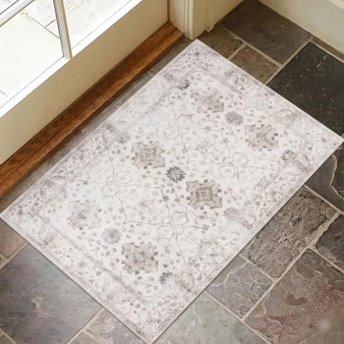ReaLife Rugs Machine Washable Area Rug - Living Room Bedroom Bathroom Kitchen Entryway Office - Padded Crease Free Stain Resistant Premium - Boho Farmhouse Vintage- BEV- Beige - 2'x 3' by ReaLifeRugs