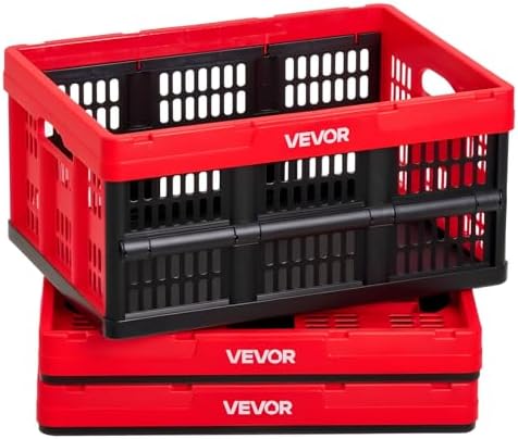 VEVOR Plastic Collapsible Storage Bins, 32L 3 Packs, Stackable Folding Storage Crates with Handles, Holds 26 lbs Per Bin, Foldable Heavy Duty Containers, Space-Saving Baskets, for Home Organizing by VEVOR
