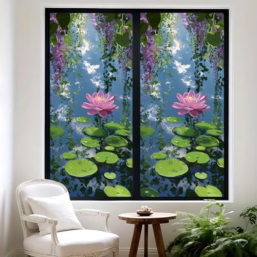 Decorative Scenic Frosted Window Film, Stained Glass Style Privacy Film, UV-Resistant Static Cling Film Suitable for Bathroom and Kitchen Glass (Lotus, 17.51x39.37 inches) - Image 2