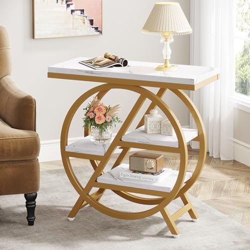 Tribesigns End Table Set of 2, Modern Faux Marble Side Table for Living Room, 3 Tier Narrow Sofa Side Table with Storage and Metal Frame, Nightstand and Bedside Table for Bedroom, Gold & White - Image 3