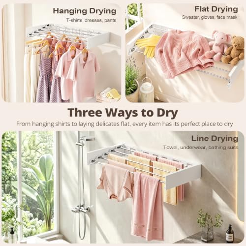 Wall Mounted Clothes Drying Rack Folding Indoor, Foldable Laundry Drying Rack Collapsible,Invisible, Space Saving, Retractable Towel Drying Rack, with Wall Template(5 Drying Rods, White 32") - Image 6