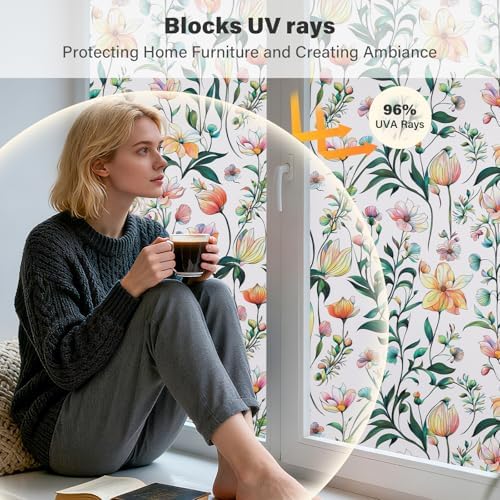 Donox Window Privacy Film, Frosted Stained Glass Window Films, Static Cling Non-Adhesive Decorative Windows Sticker for Front Door Bathroom, Heat Control Anti UV(17.5 x 157.4 inches) - Image 3