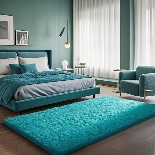 Ophanie Teal Rugs for Bedroom Living Room, Fluffy Fuzzy Furry Carpet, Plush Soft Shaggy Bedside Indoor Floor 4x6 Area Rug for Kids Girls Boys Baby Teen Dorm Nursery Decor with Over 99 pcs Pile fibers - Image 5