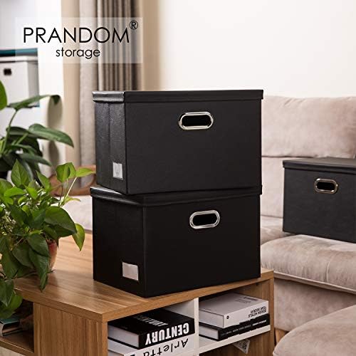PRANDOM Large Foldable Storage Bins with Lids [3-Pack] Leather Fabric Collapsible Storage Boxes Organizer Containers Baskets Cube with Cover for Home Bedroom Closet Office Black(17.7x11.8x11.8) - Image 2