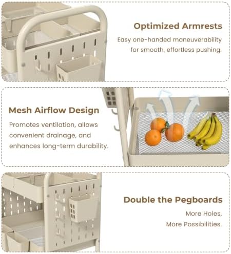 danpinera 3 Tier Rolling Cart with Retractable Dividers, Multi-Functional White Rolling Utility Cart with Pegboards, Hooks & Hanging Cups for Nursery, Living Room, Studio - Image 4