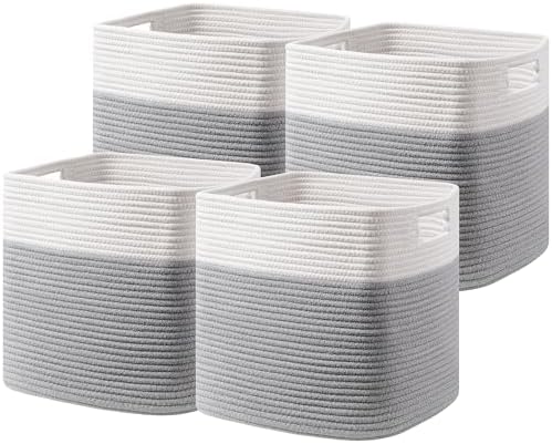 UBBCARE Set of 4 Storage Basket-13 X 13 X 13 in, Cotton Rope Basket for Shelves, Toys, Book, Cube Storage Bins with Handles, Woven Storage Basket for Organizing, White/Grey by UBBCARE